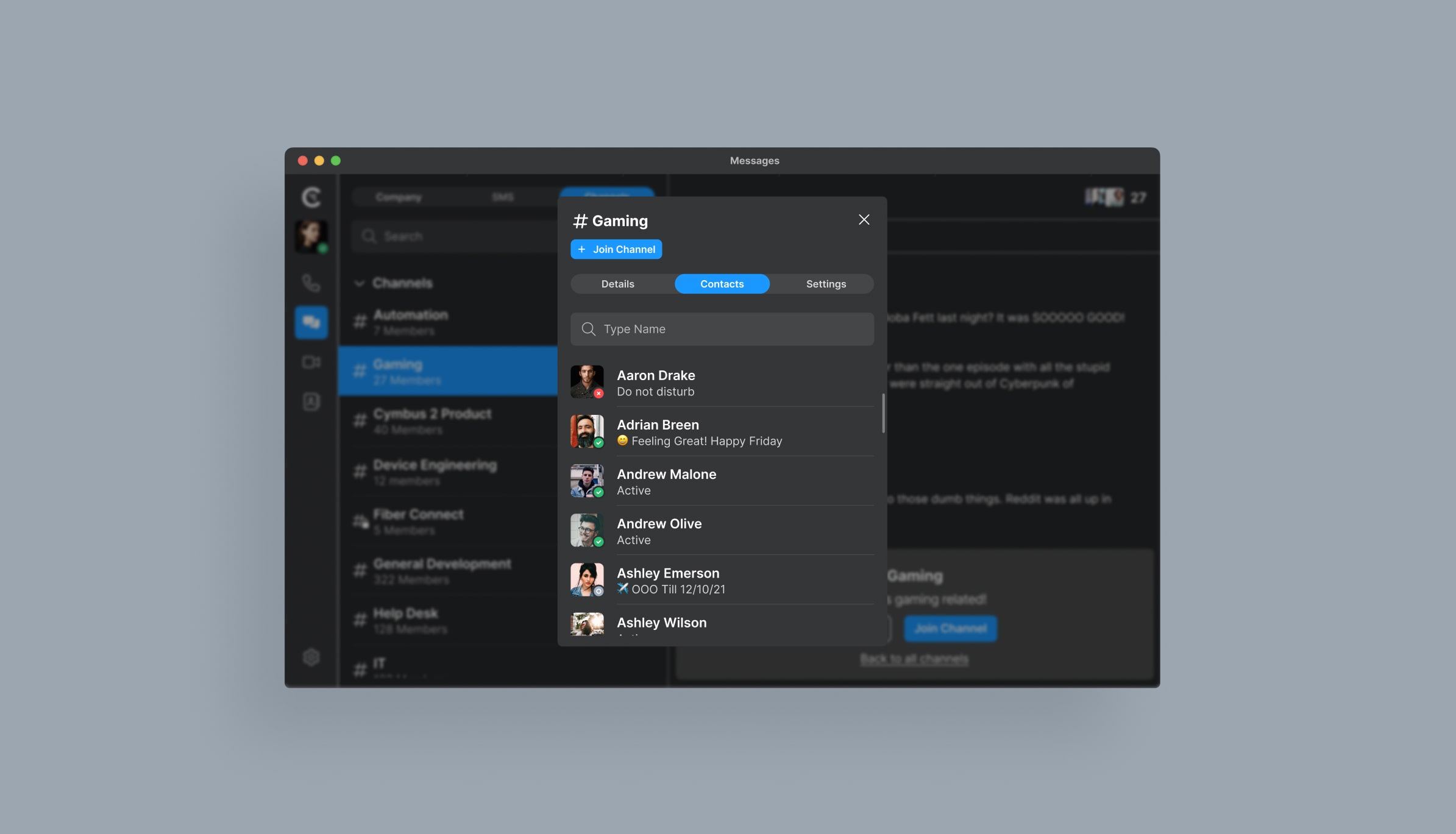 Messaging app interface